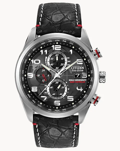World Chronograph A T Black Dial Genuine Crocodile Strap AT8030 18F CITIZEN